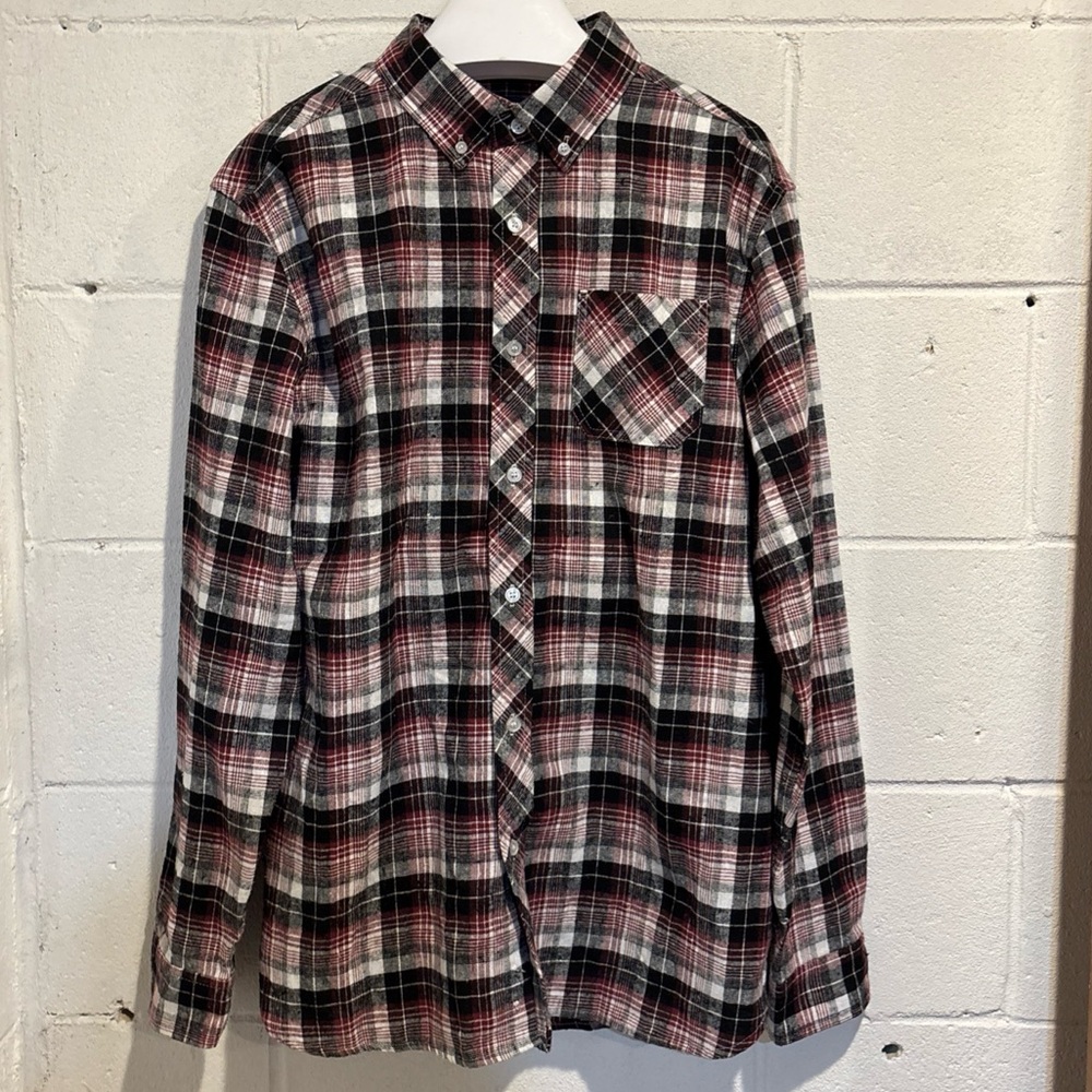 River Trail men’s flannel shirt purple black plaid button down